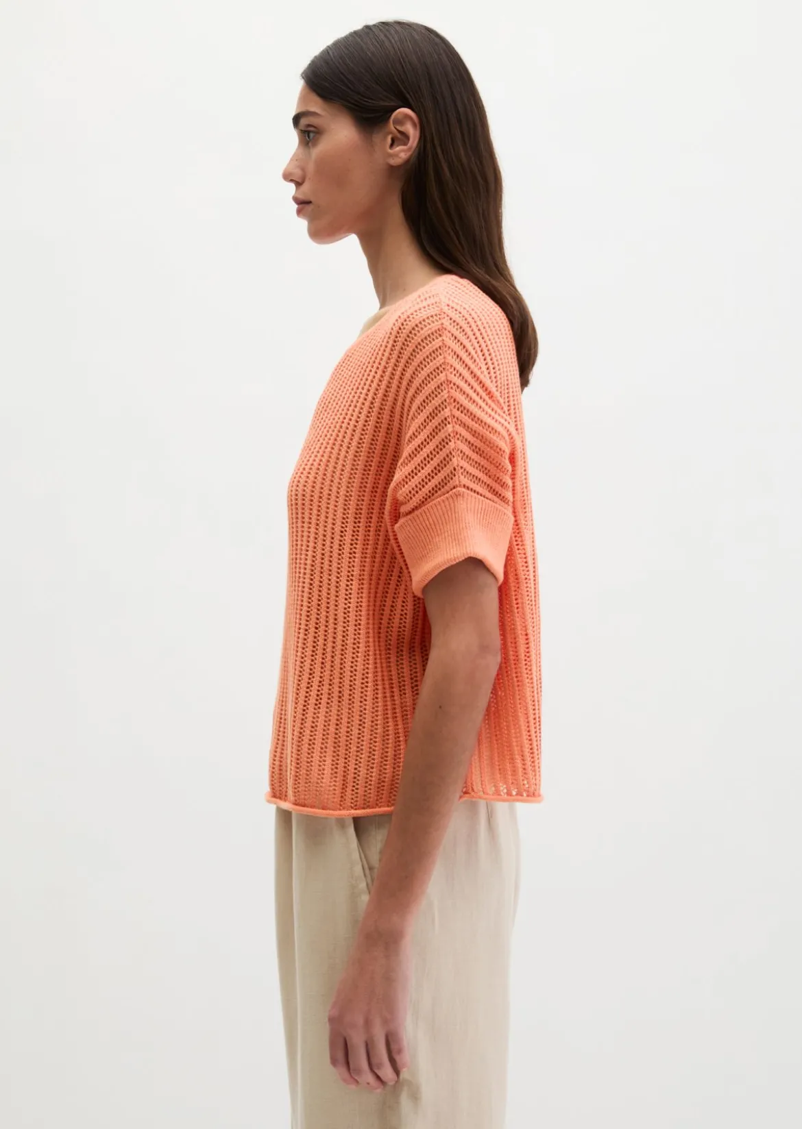 Kurzarm-Strickpullover boxy aus Organic Cotton-Leinen-Mix