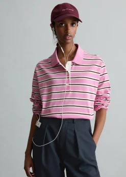 Langarm-Poloshirt relaxed aus gestreiftem Single Jersey