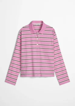Langarm-Poloshirt relaxed aus gestreiftem Single Jersey