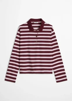 Langarm-Poloshirt relaxed aus gestreiftem Single Jersey
