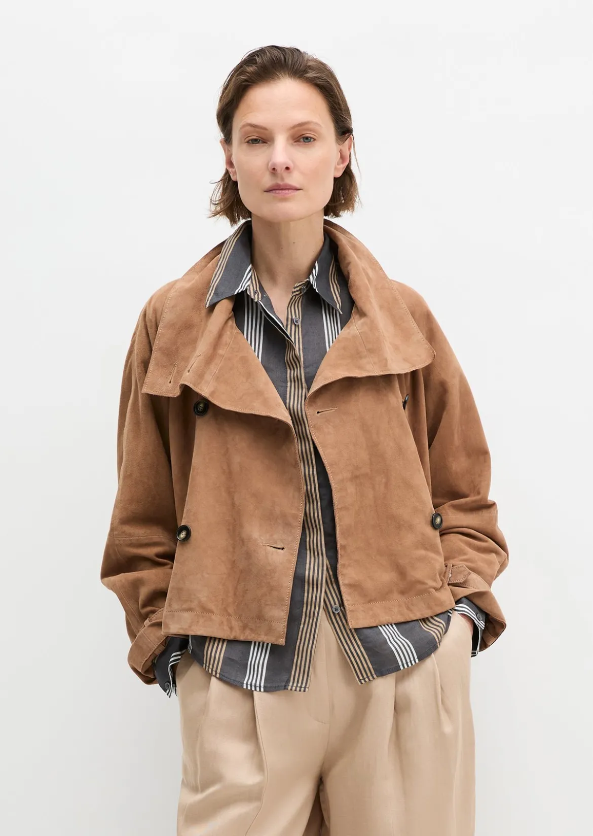 Leder-Trenchjacke relaxed aus softem Ziegenvelours-Leder