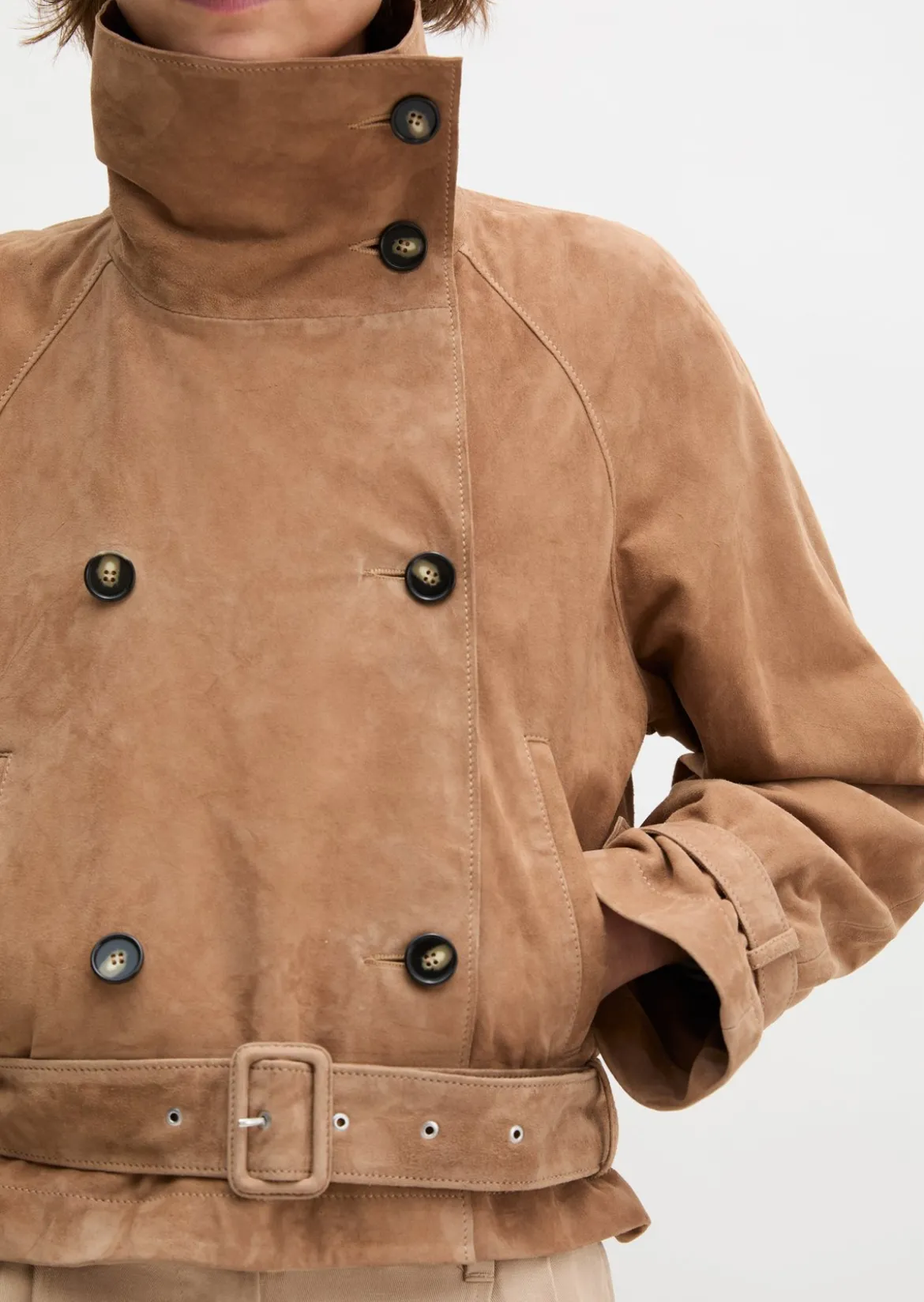 Leder-Trenchjacke relaxed aus softem Ziegenvelours-Leder