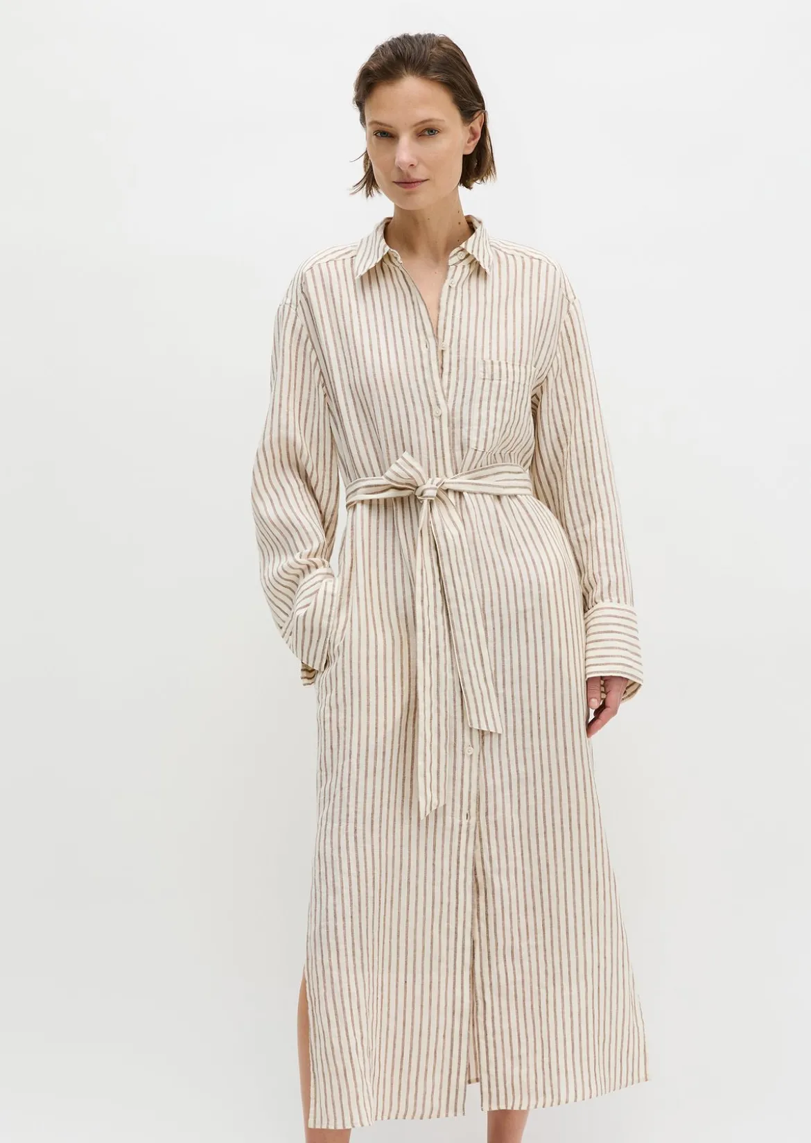 Leinen-Hemblusenkleid relaxed mit garngefärbtem Streifenmuster