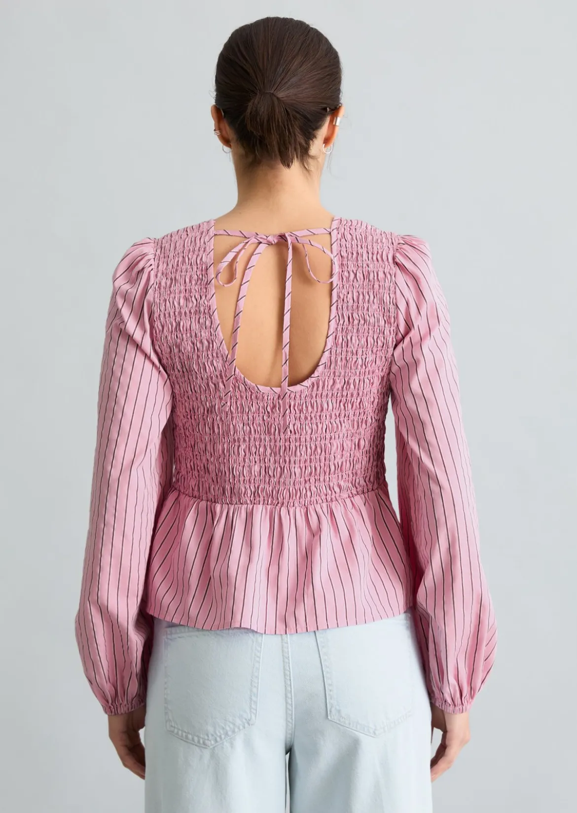 Peplum-Streifenbluse slim mit gesmoktem Oberteil