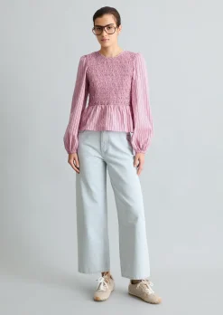 Peplum-Streifenbluse slim mit gesmoktem Oberteil