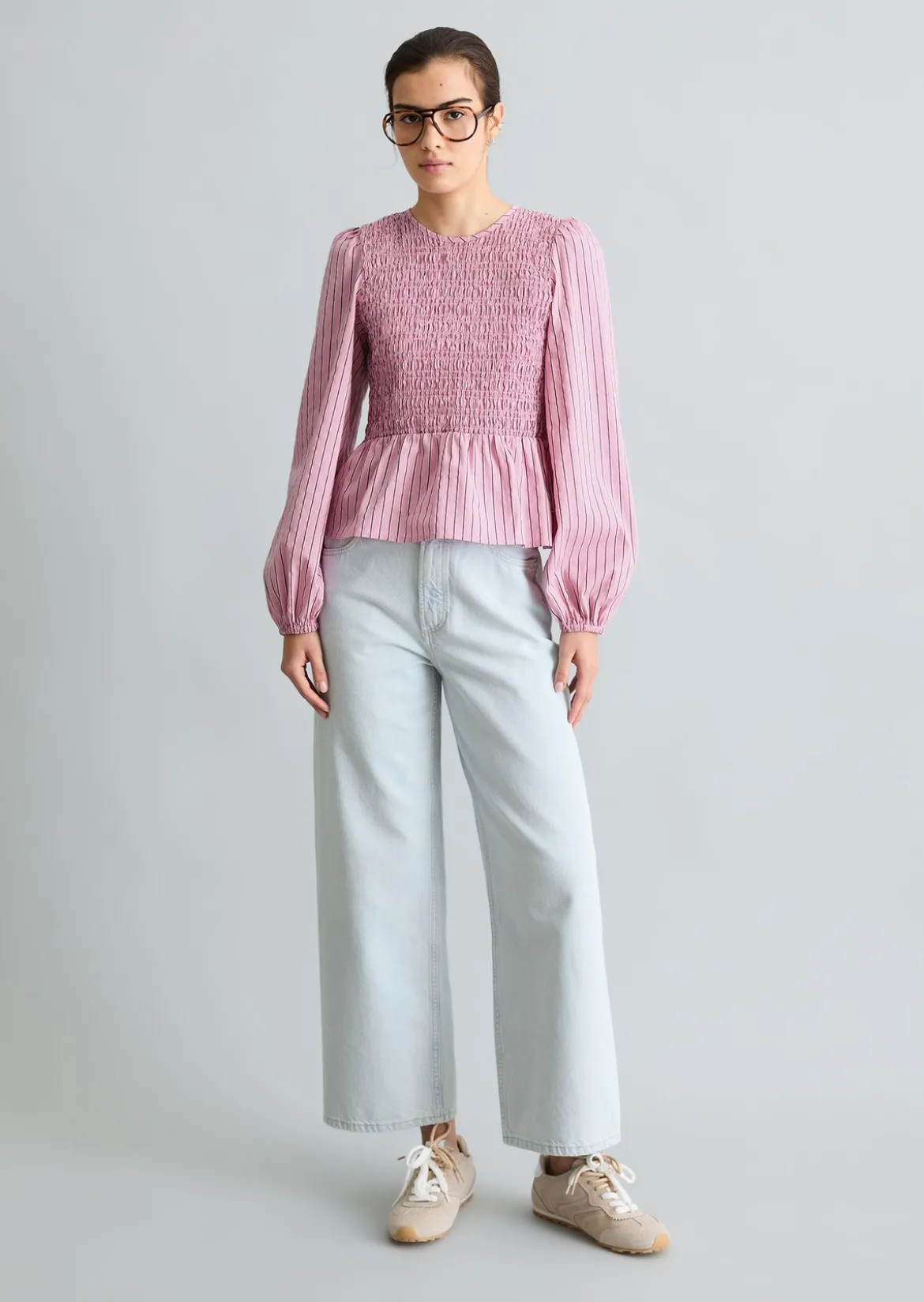 Peplum-Streifenbluse slim mit gesmoktem Oberteil