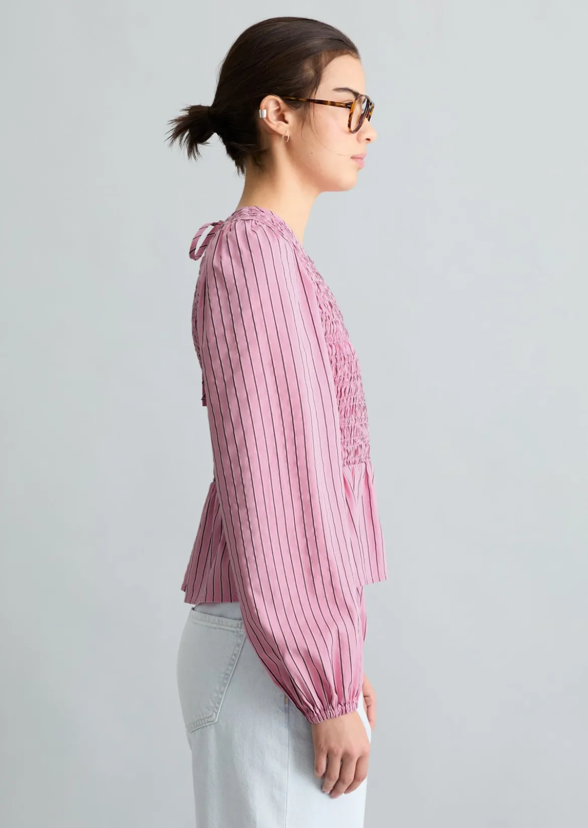 Peplum-Streifenbluse slim mit gesmoktem Oberteil