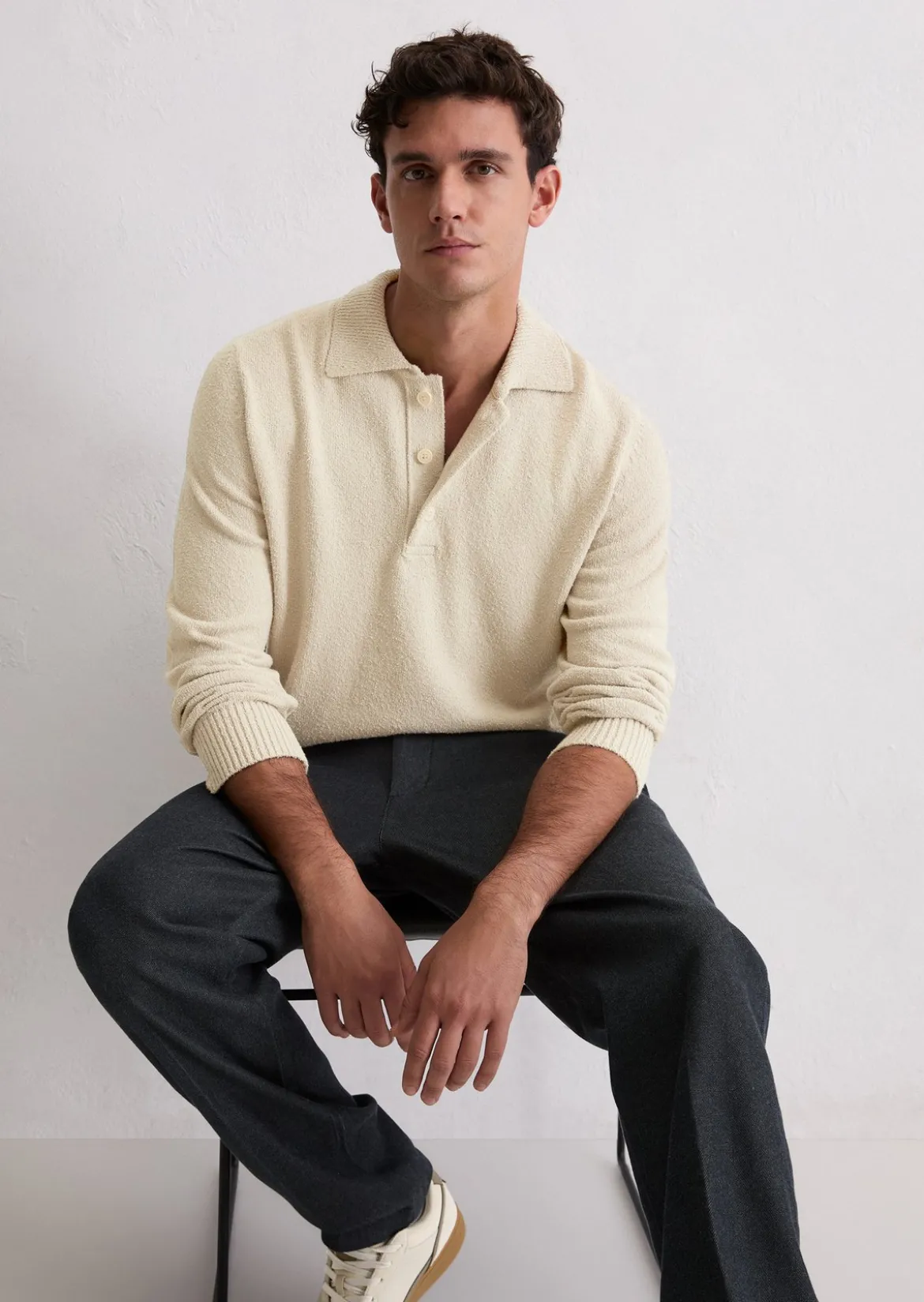 Polo-Pullover regular aus Bio-Baumwoll-Bouclé