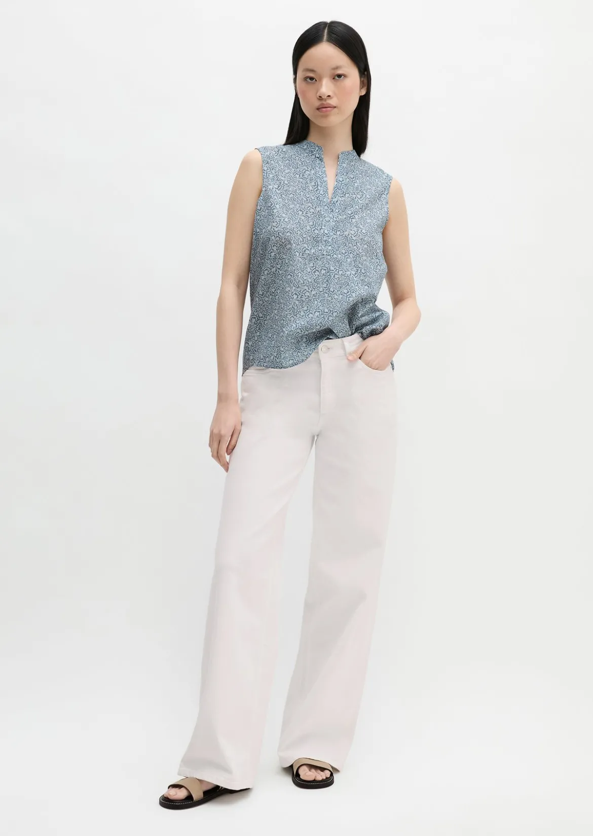 Ärmellose Bluse loose aus bedrucktem Baumwoll-Voile