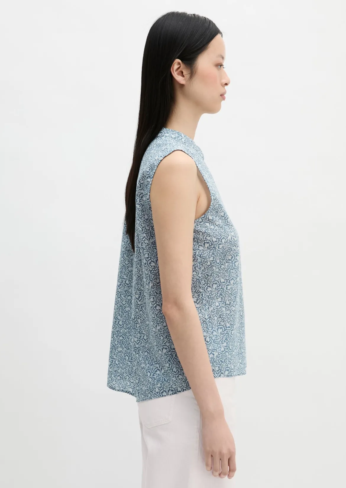 Ärmellose Bluse loose aus bedrucktem Baumwoll-Voile