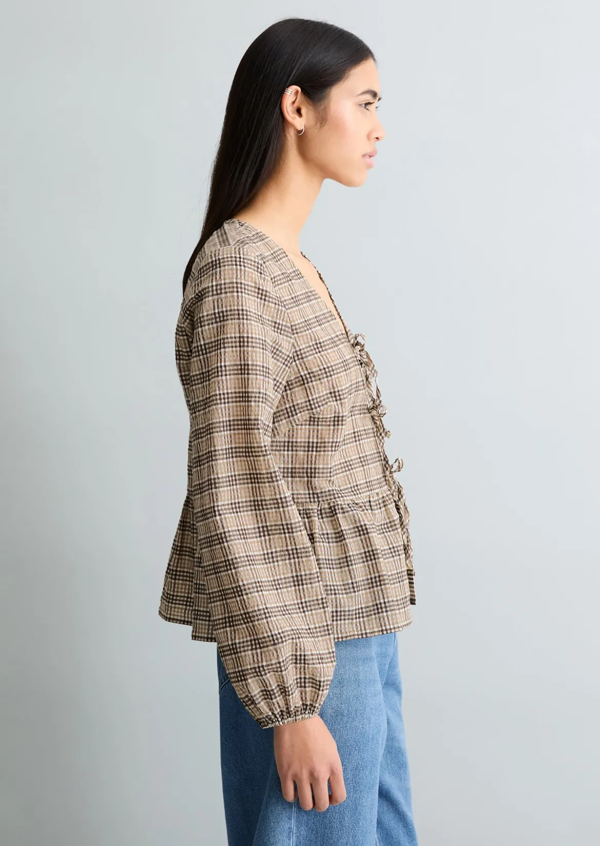 Seersucker-Peplum-Bluse regular aus Baumwolle-Mix
