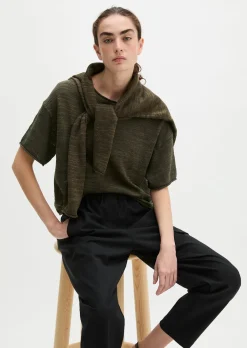 Slub-Kurzarm-Pullover loose aus Leinen-Baumwolle-Mix