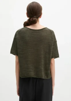 Slub-Kurzarm-Pullover loose aus Leinen-Baumwolle-Mix
