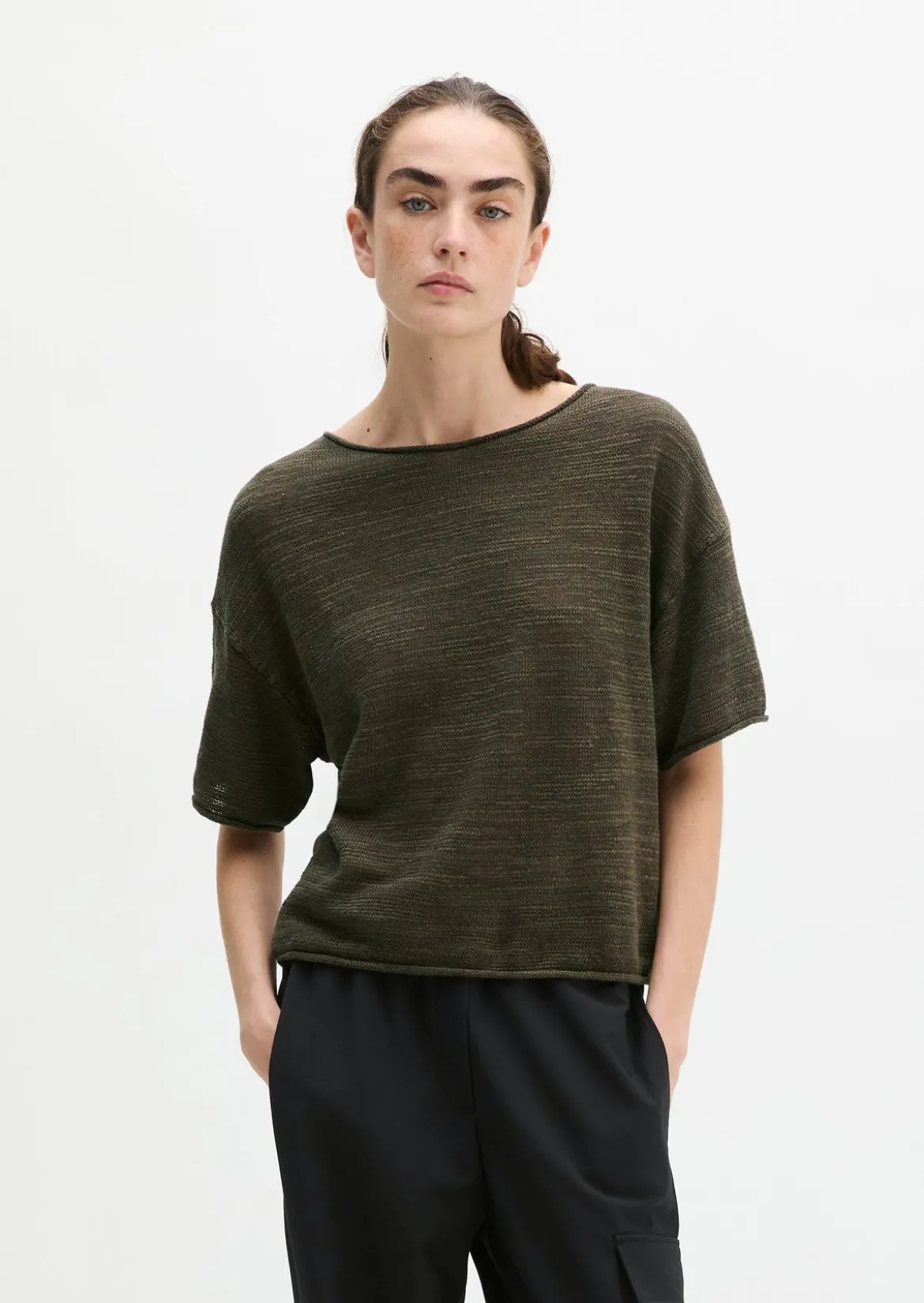 Slub-Kurzarm-Pullover loose aus Leinen-Baumwolle-Mix