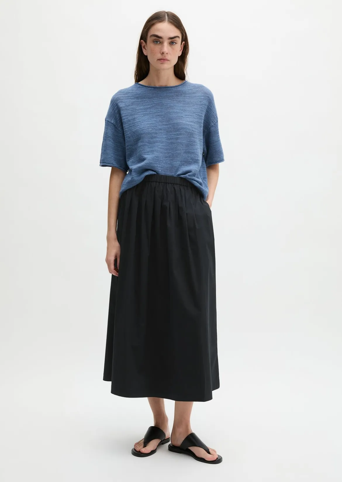 Slub-Kurzarm-Pullover loose aus Leinen-Baumwolle-Mix
