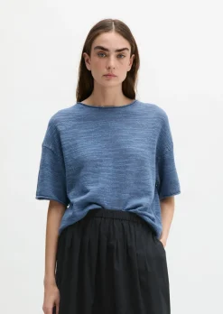 Slub-Kurzarm-Pullover loose aus Leinen-Baumwolle-Mix