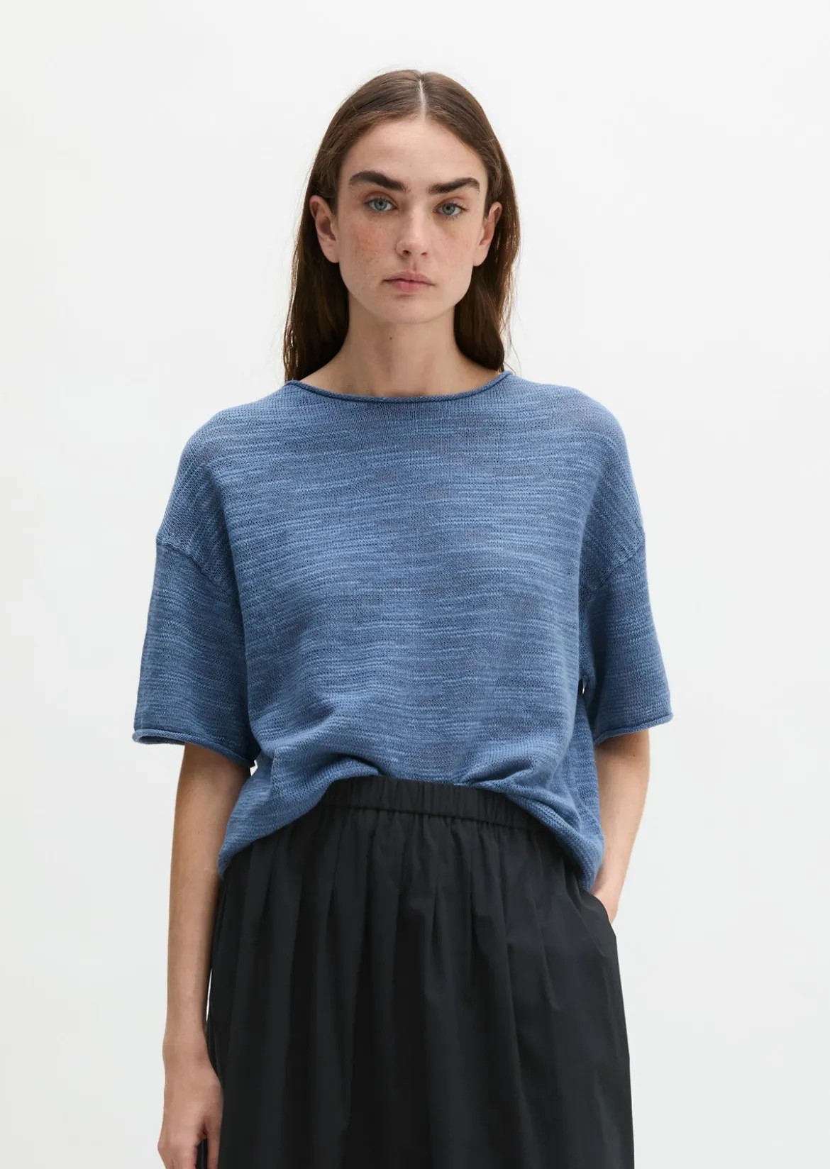 Slub-Kurzarm-Pullover loose aus Leinen-Baumwolle-Mix