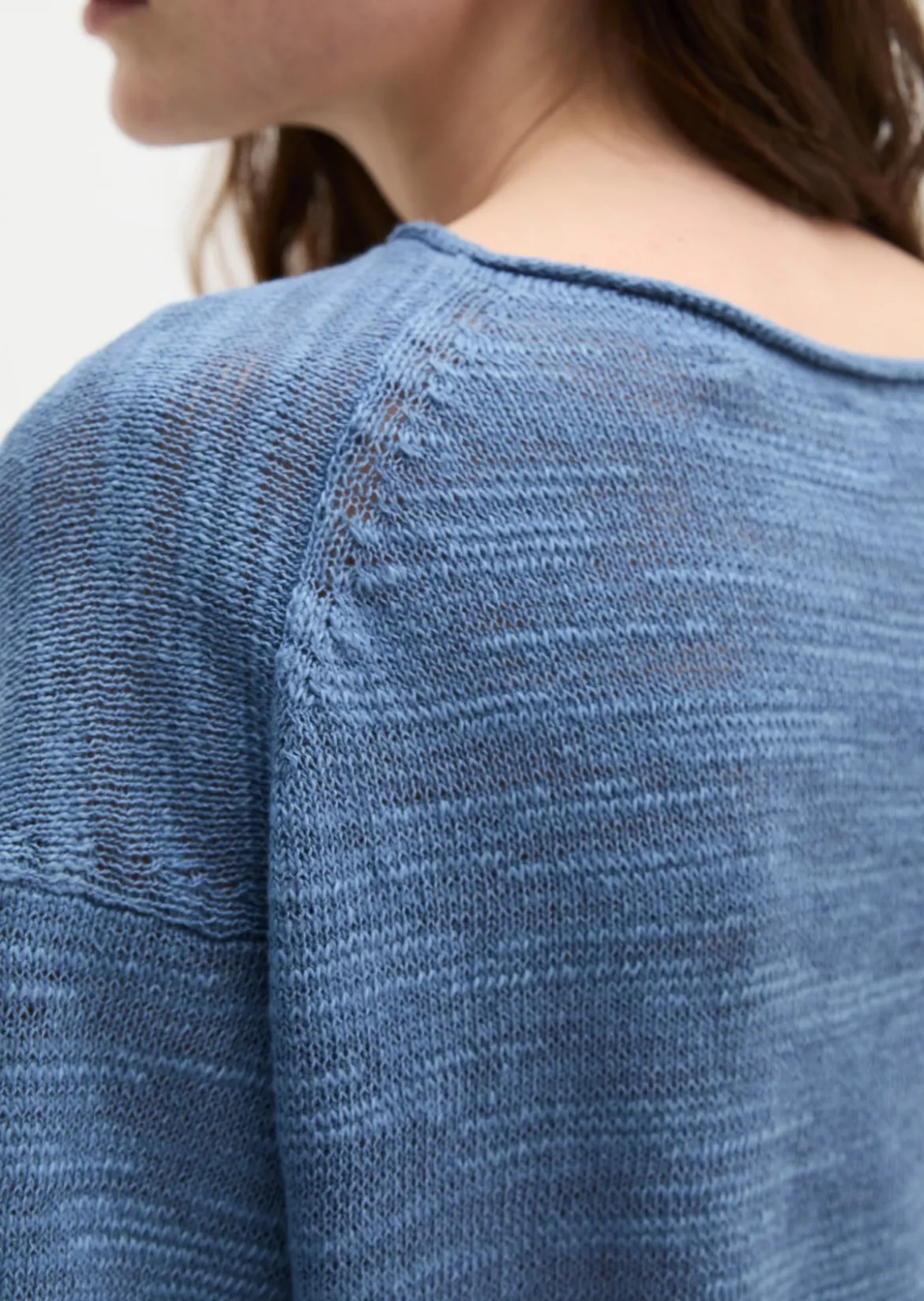 Slub-Kurzarm-Pullover loose aus Leinen-Baumwolle-Mix
