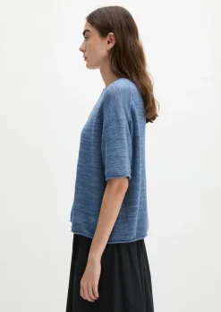 Slub-Kurzarm-Pullover loose aus Leinen-Baumwolle-Mix