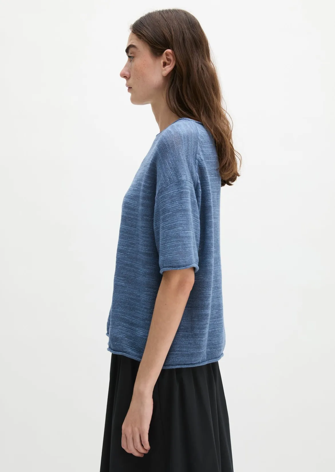 Slub-Kurzarm-Pullover loose aus Leinen-Baumwolle-Mix