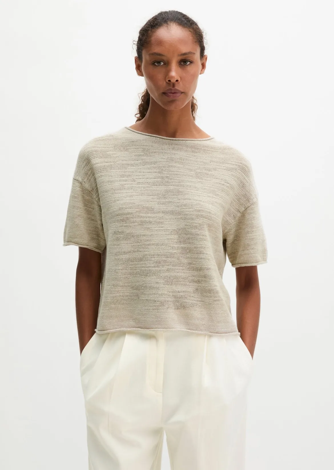 Slub-Kurzarm-Pullover loose aus Leinen-Baumwolle-Mix