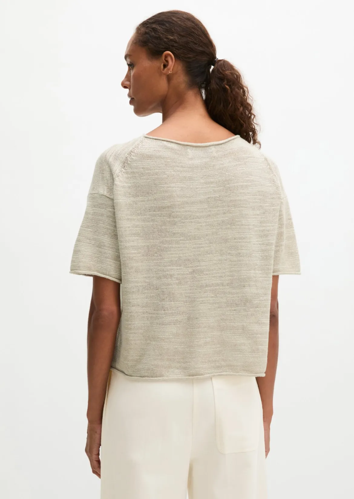 Slub-Kurzarm-Pullover loose aus Leinen-Baumwolle-Mix
