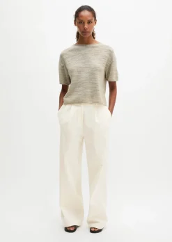 Slub-Kurzarm-Pullover loose aus Leinen-Baumwolle-Mix