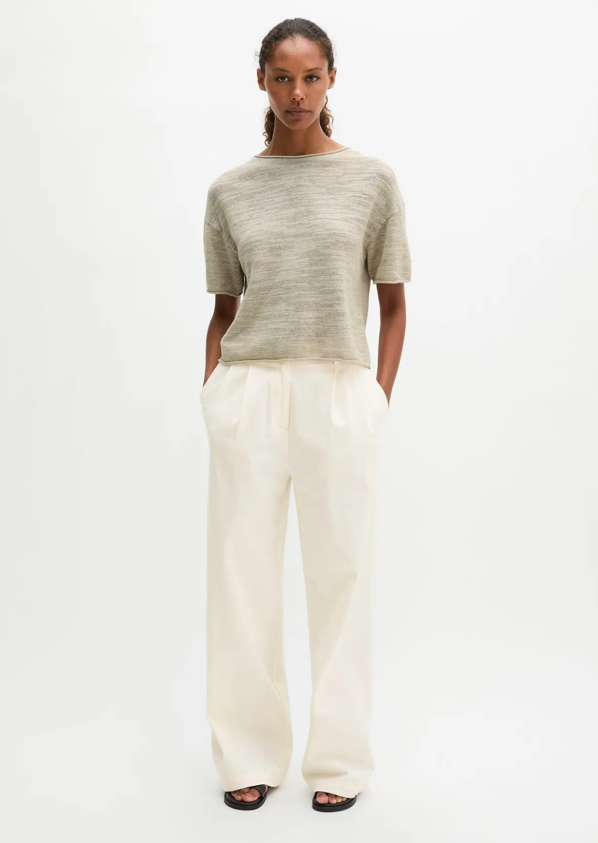 Slub-Kurzarm-Pullover loose aus Leinen-Baumwolle-Mix