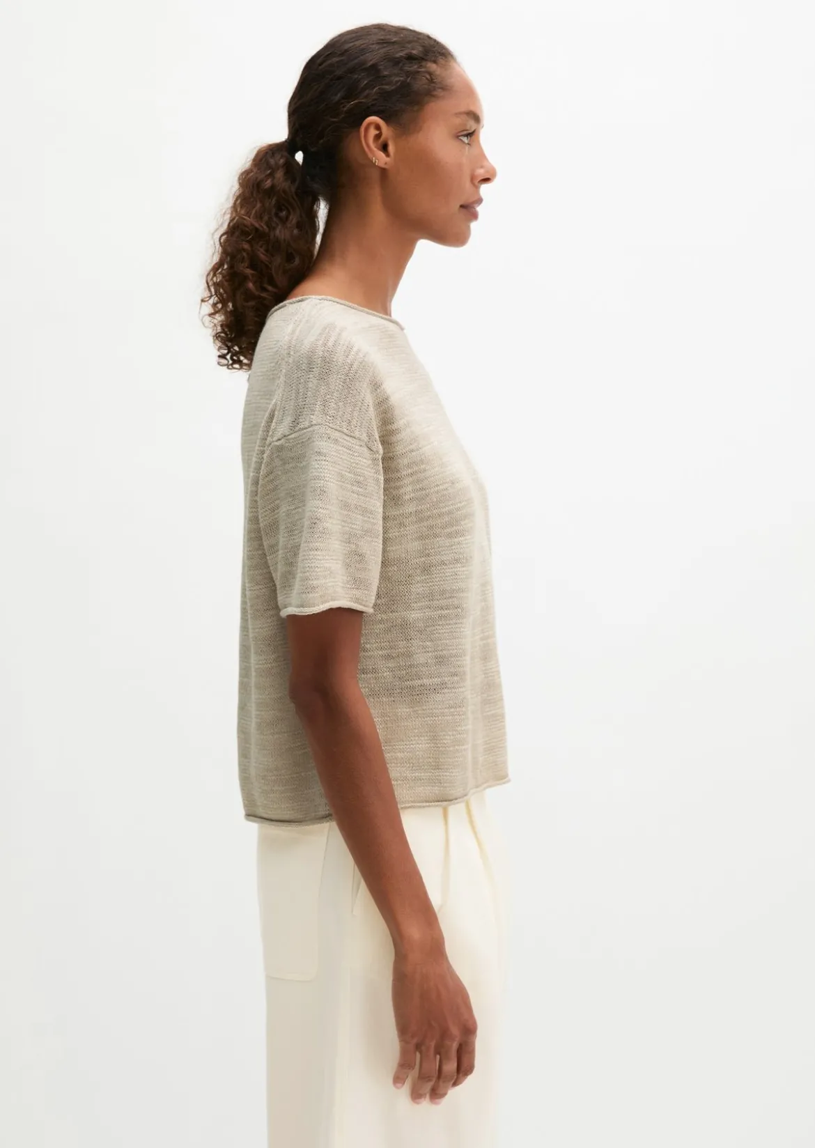 Slub-Kurzarm-Pullover loose aus Leinen-Baumwolle-Mix