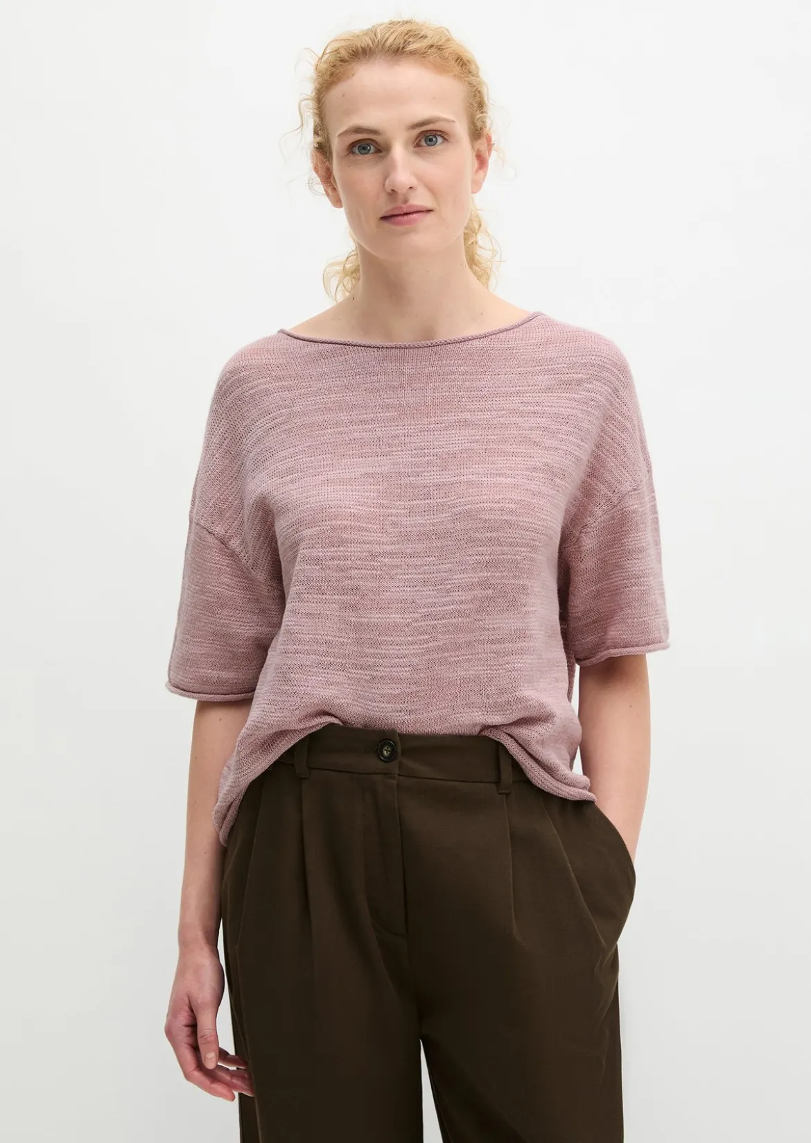 Slub-Kurzarm-Pullover loose aus Leinen-Baumwolle-Mix