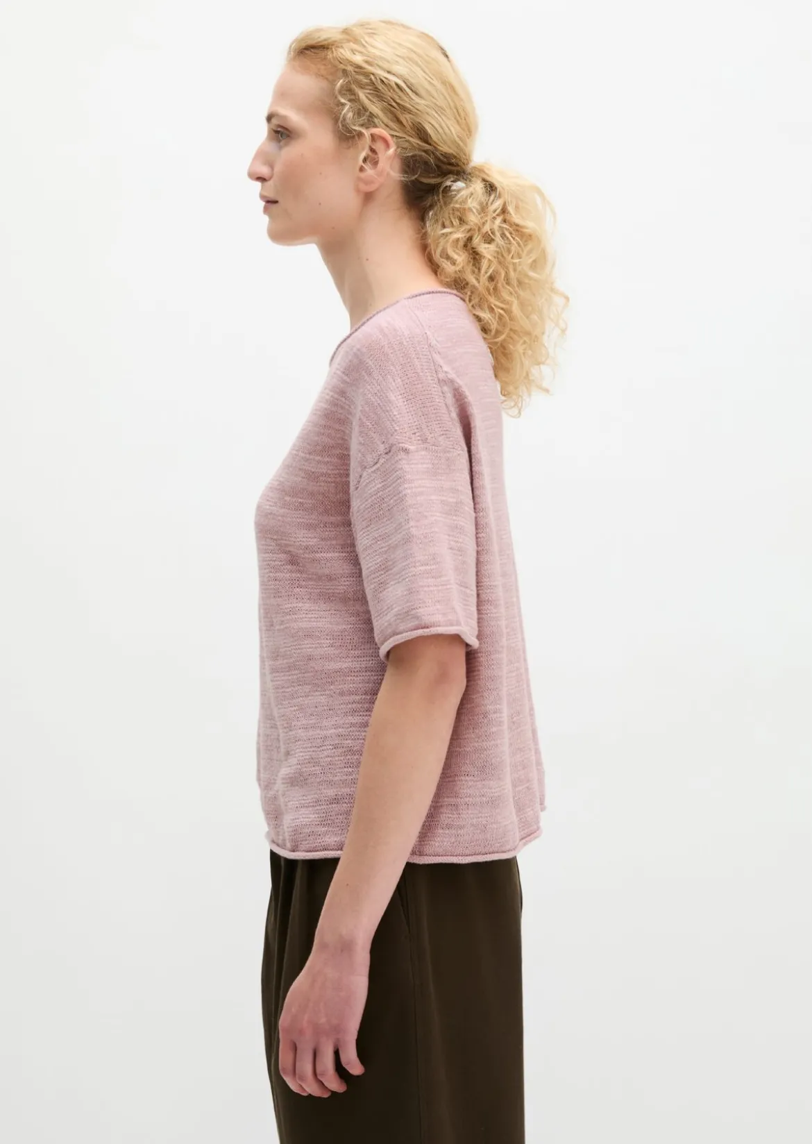 Slub-Kurzarm-Pullover loose aus Leinen-Baumwolle-Mix