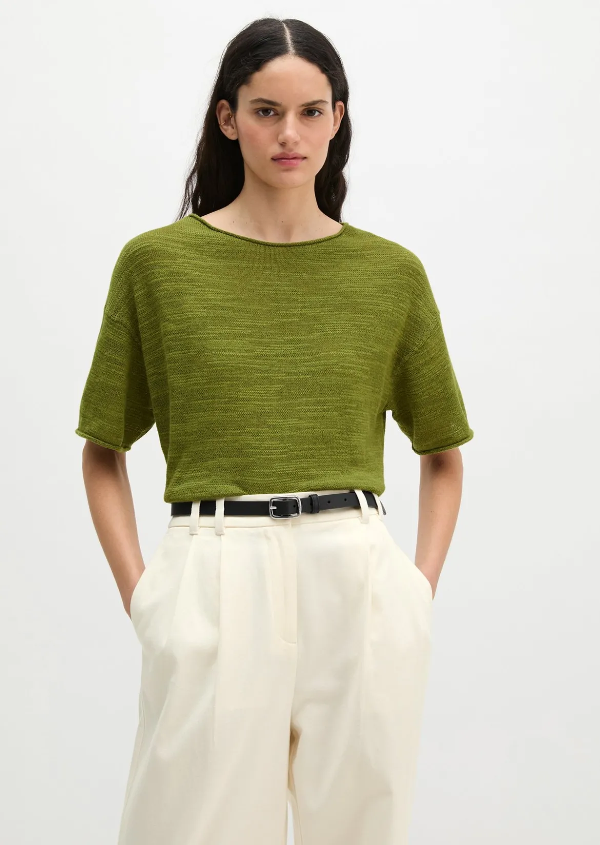 Slub-Kurzarm-Pullover loose aus Leinen-Baumwolle-Mix