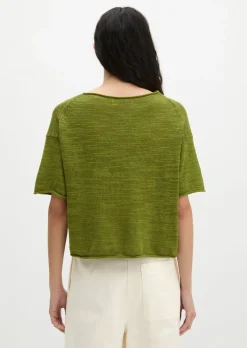 Slub-Kurzarm-Pullover loose aus Leinen-Baumwolle-Mix