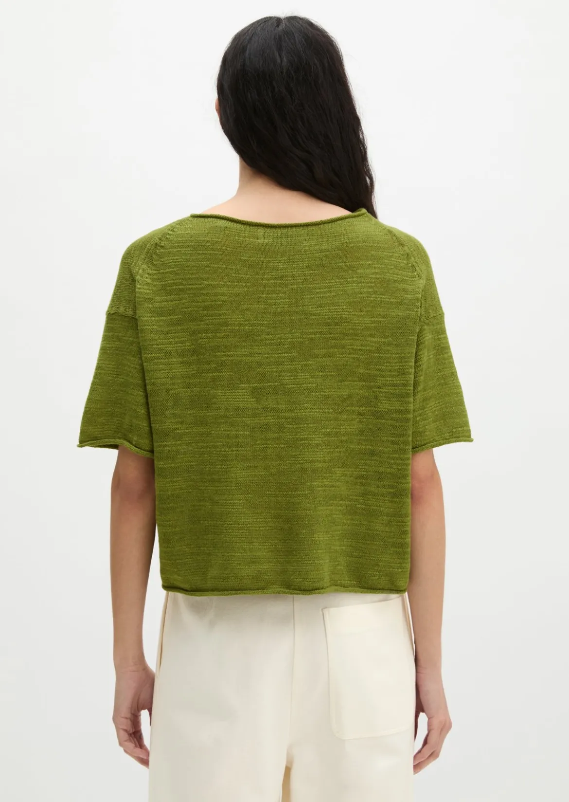 Slub-Kurzarm-Pullover loose aus Leinen-Baumwolle-Mix