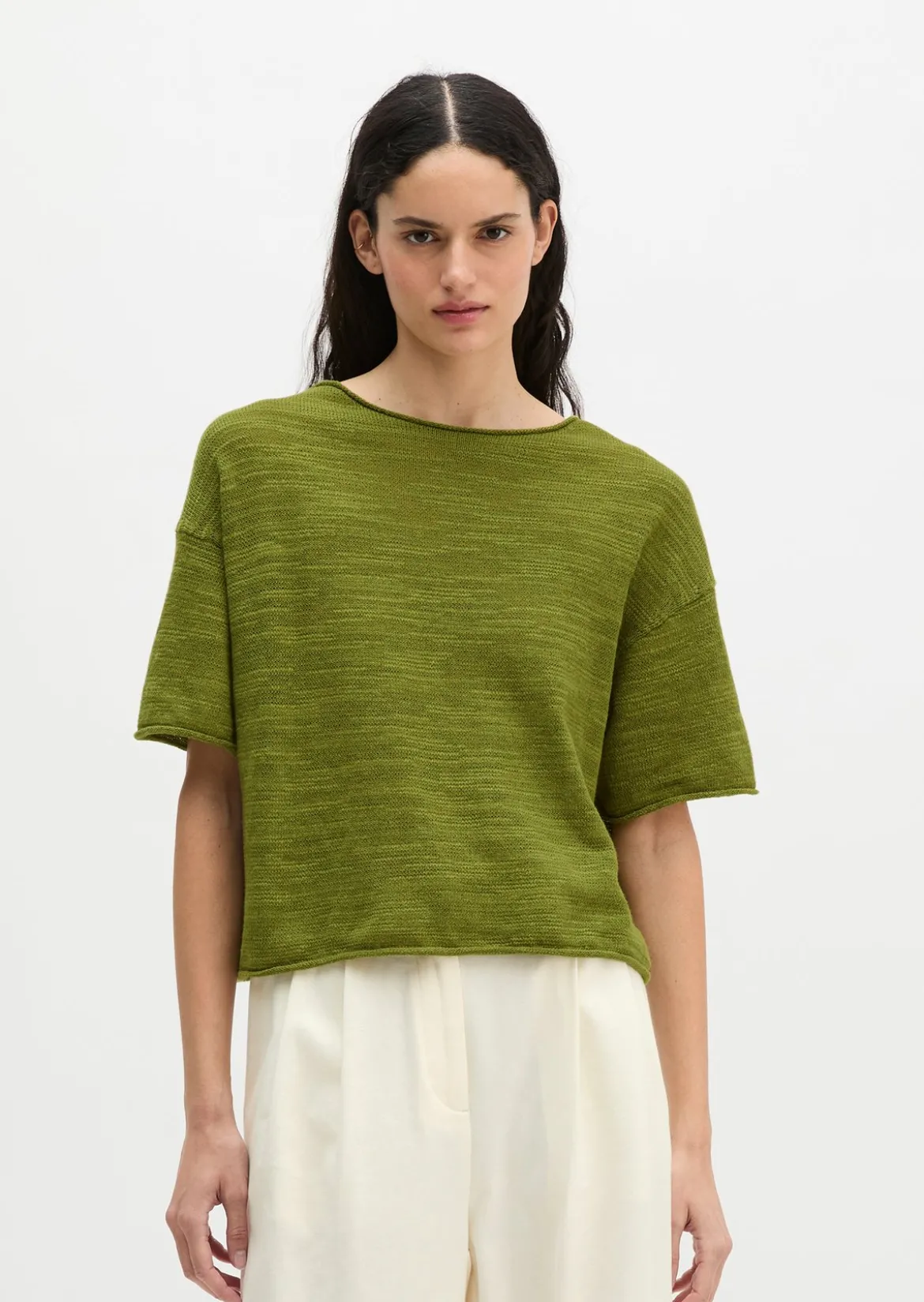 Slub-Kurzarm-Pullover loose aus Leinen-Baumwolle-Mix