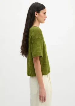 Slub-Kurzarm-Pullover loose aus Leinen-Baumwolle-Mix