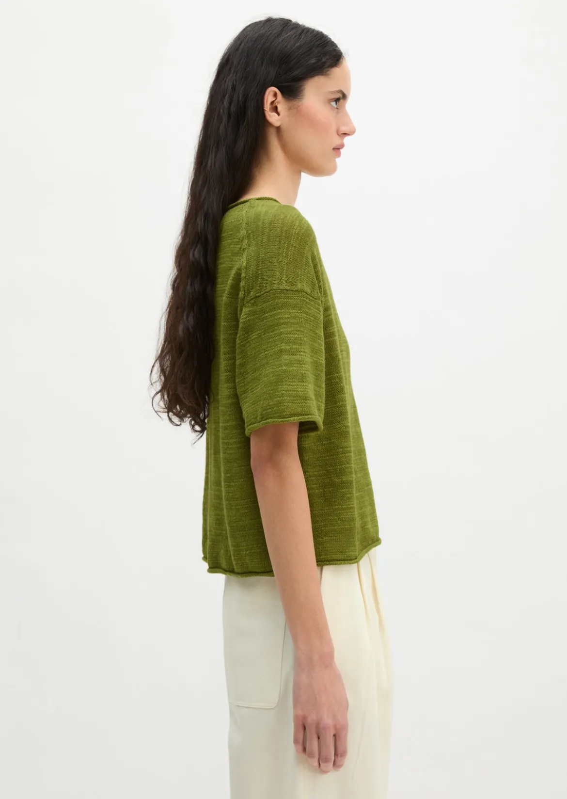Slub-Kurzarm-Pullover loose aus Leinen-Baumwolle-Mix