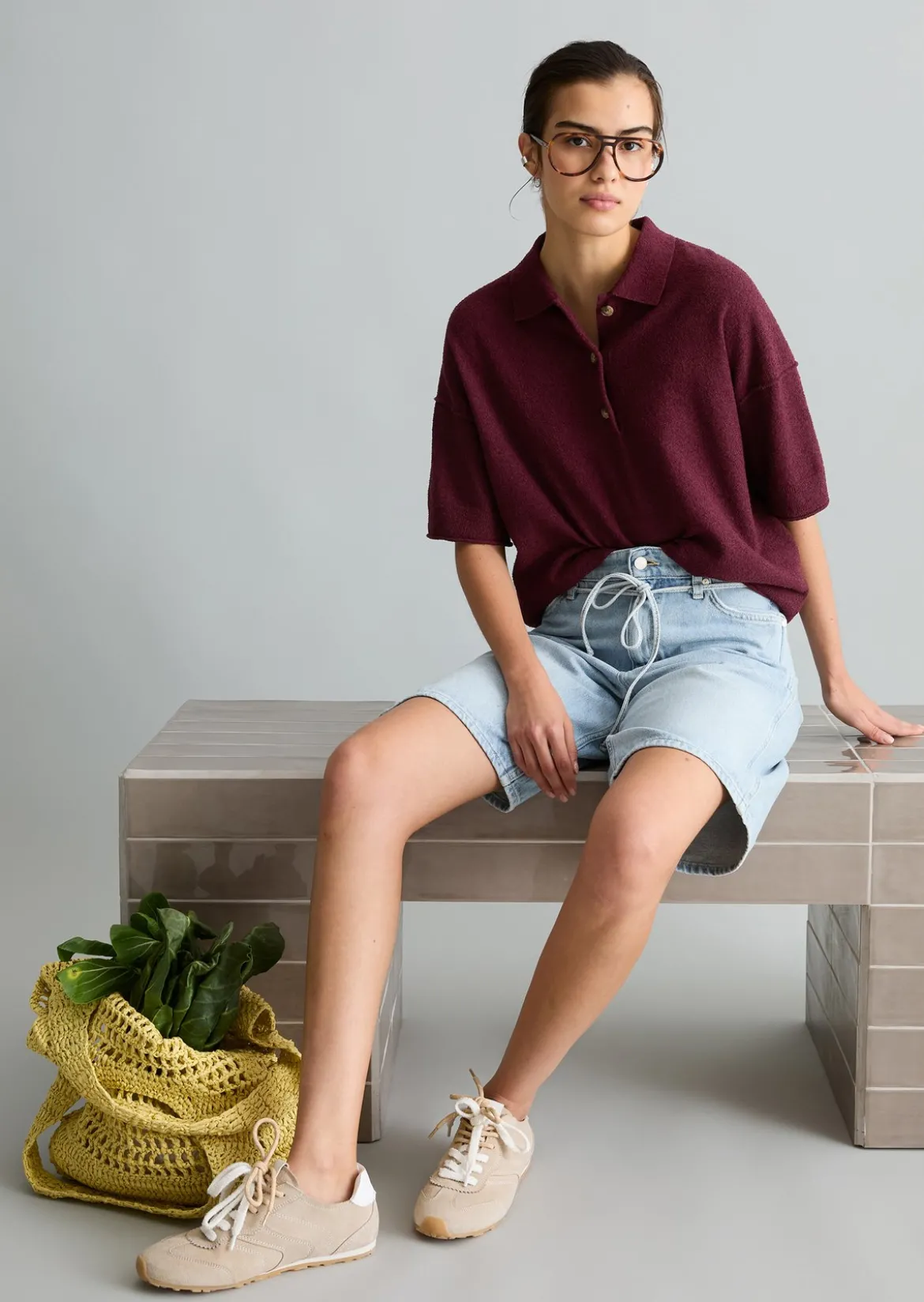 Strick-Poloshirt regular aus Crinkled Organic Cotton-Mix