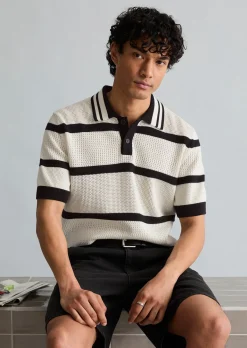 Strick-Poloshirt regular mit Strickvariationen und Streifen