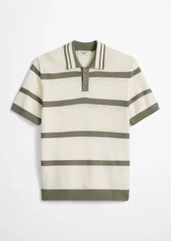 Strick-Poloshirt regular mit Strickvariationen und Streifen