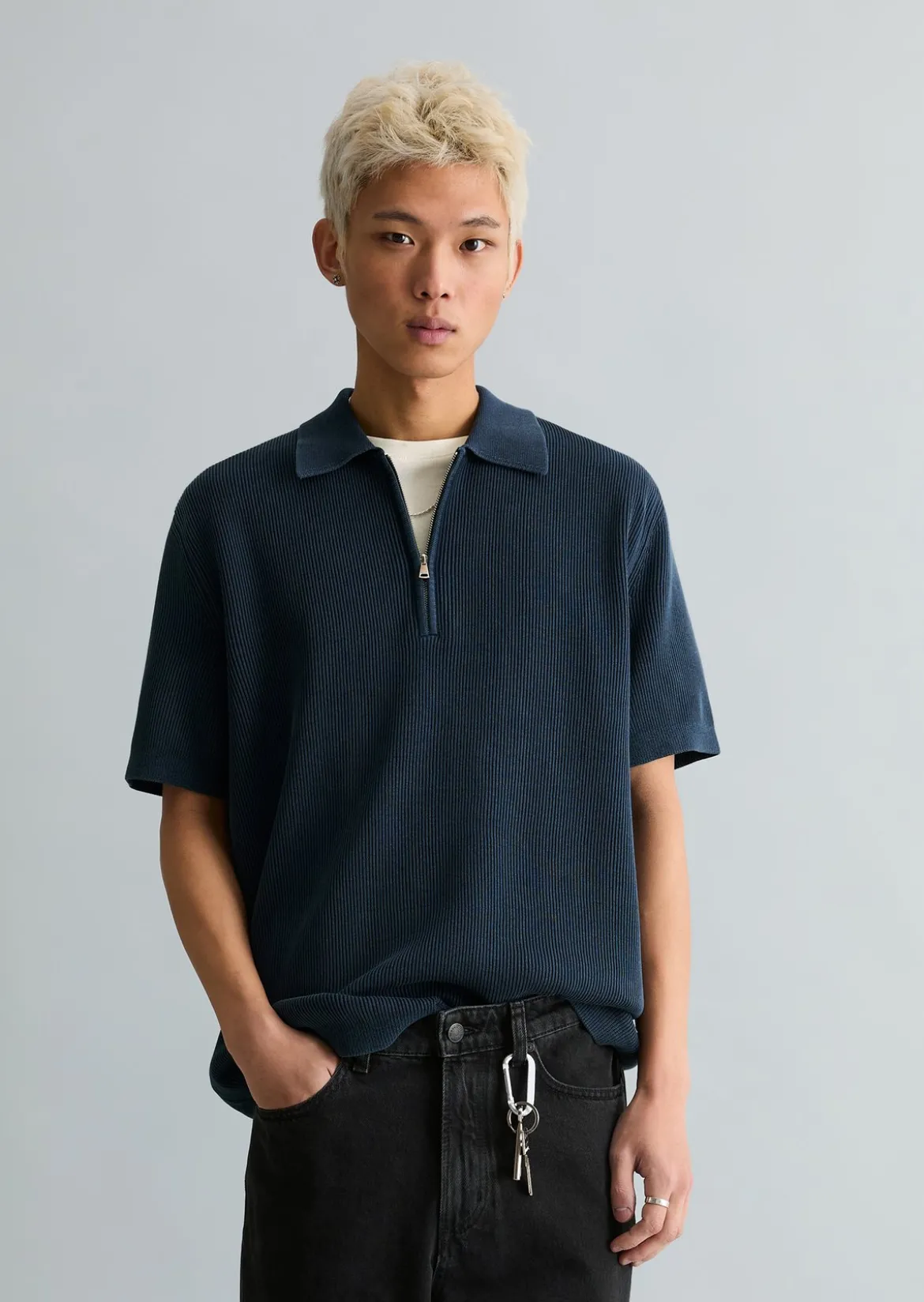Strick-Poloshirt regular mit feiner Rippstruktur