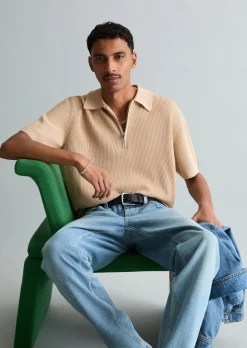 Strick-Poloshirt regular mit feiner Rippstruktur