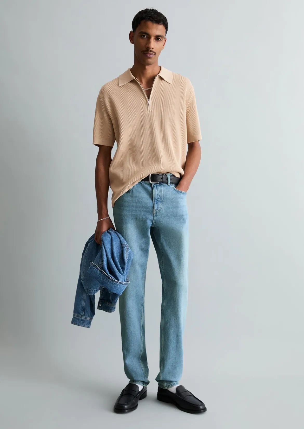 Strick-Poloshirt regular mit feiner Rippstruktur