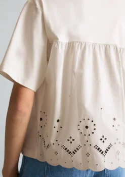 T-Shirt mit Broderie Anglaise relaxed aus Material-Mix