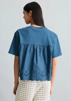 T-Shirt mit Broderie Anglaise relaxed aus Material-Mix