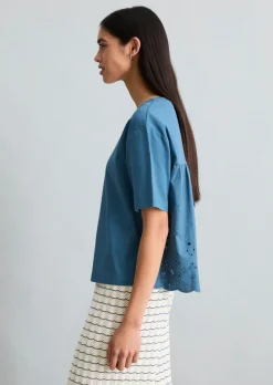 T-Shirt mit Broderie Anglaise relaxed aus Material-Mix