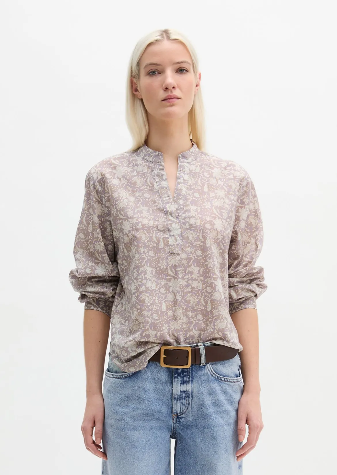 Tunika-Bluse regular aus bedrucktem Baumwoll-Voile