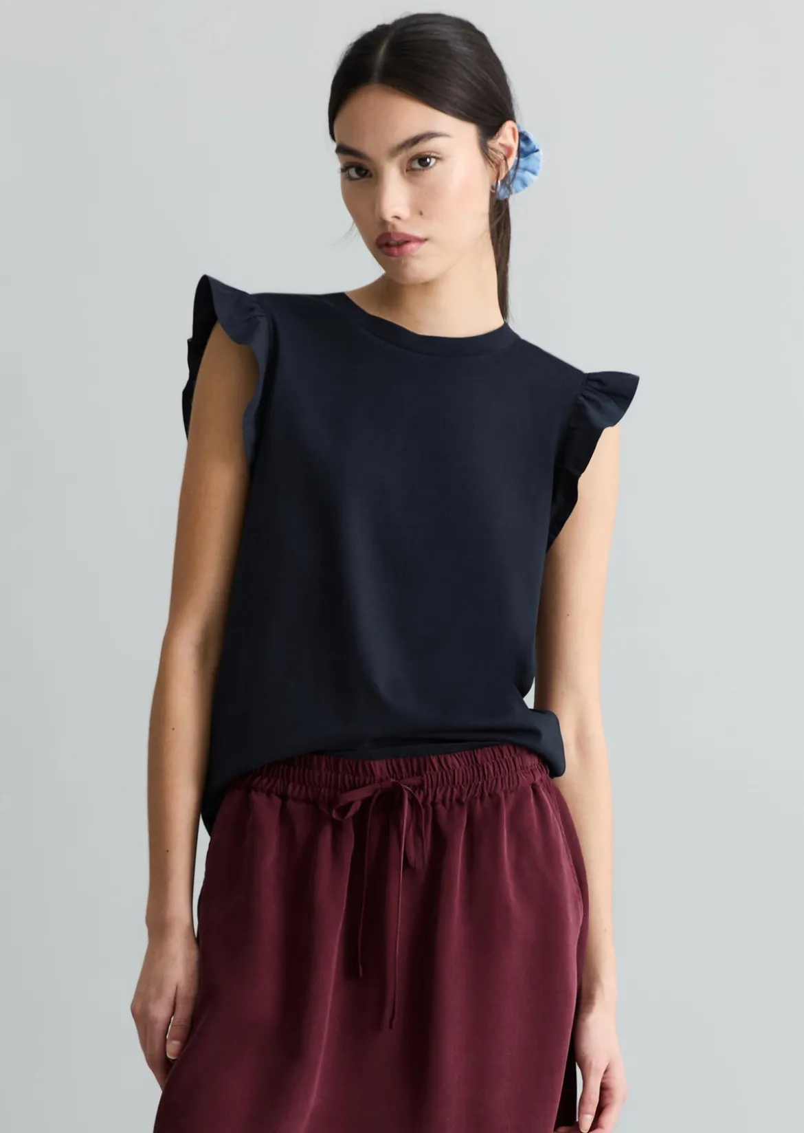Volant-T-Shirt regular aus Material-Mix