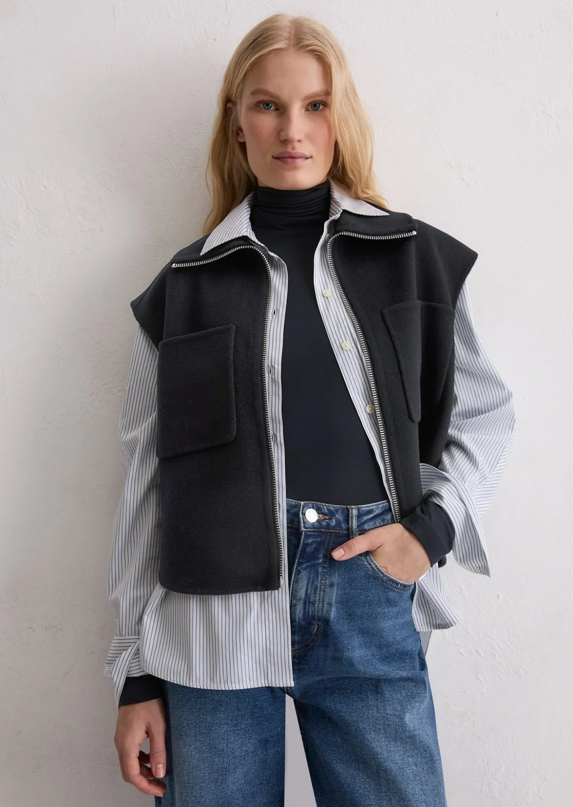 Zip-Weste relaxed aus edlem Woll-Doubleface